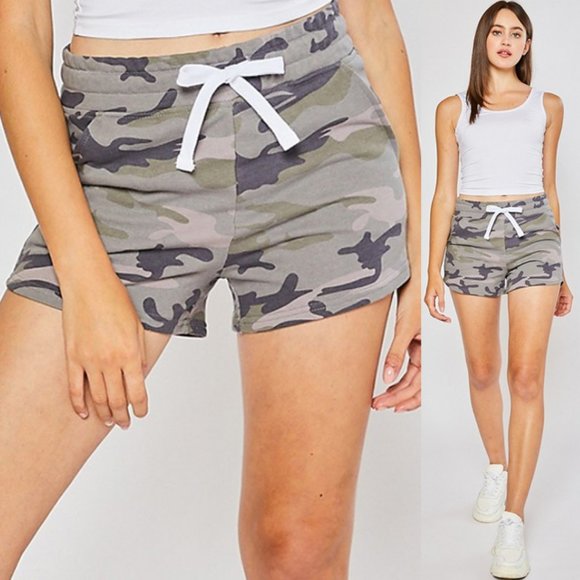 NEW High Waist French Terry Camouflage Camo Shorts - Picture 1 of 8
